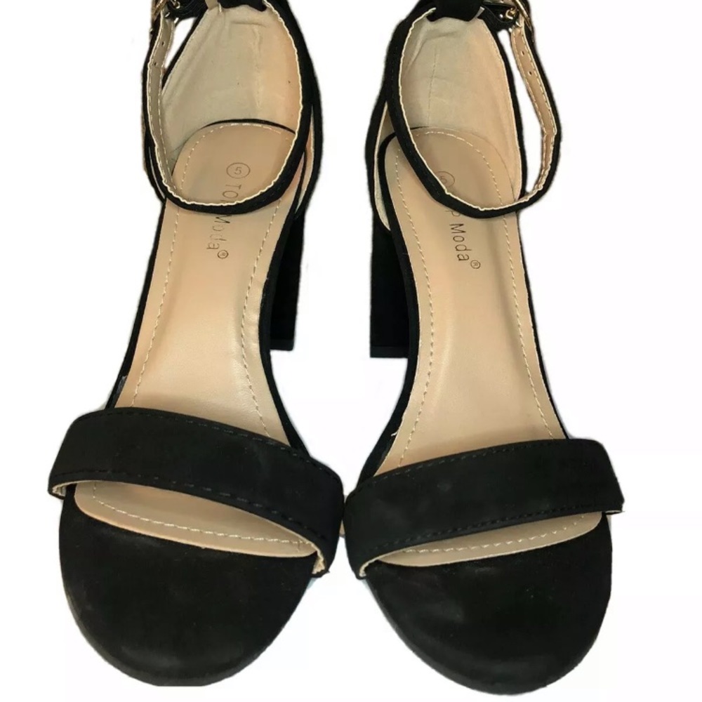 Black Suede Ankle Strap Block Heels, size 5